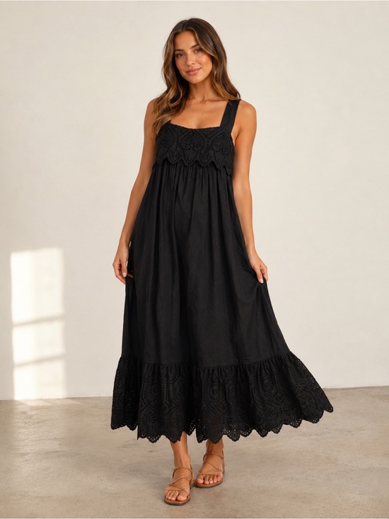 Johnny Was Love Small Black 100% Linen Eyelet Maxi Block Strap Fall Dress